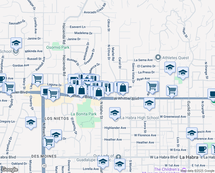 map of restaurants, bars, coffee shops, grocery stores, and more near 1363 North Citrus Drive in La Habra