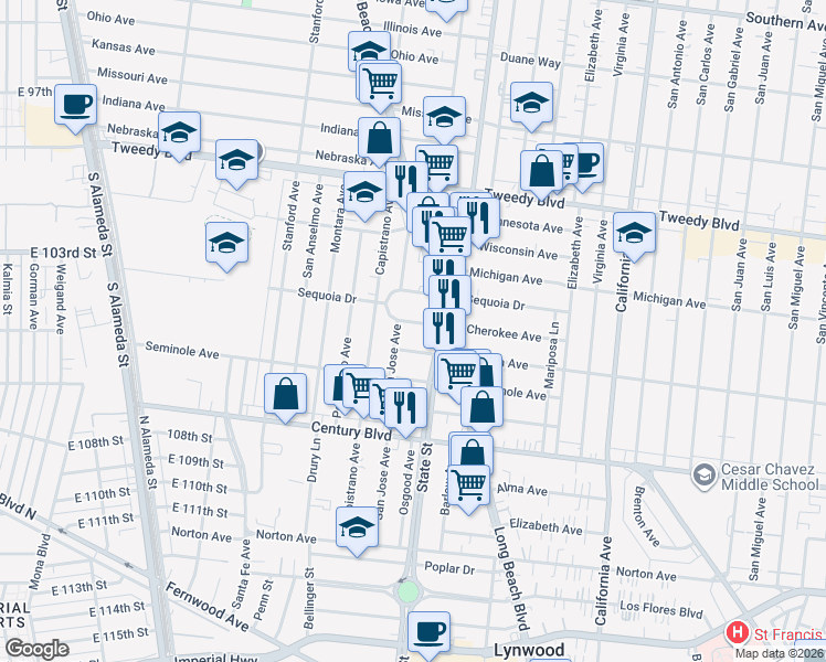 map of restaurants, bars, coffee shops, grocery stores, and more near 3164 Cherokee Avenue in South Gate