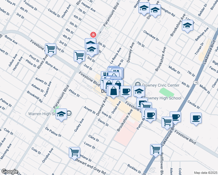 map of restaurants, bars, coffee shops, grocery stores, and more near in Downey