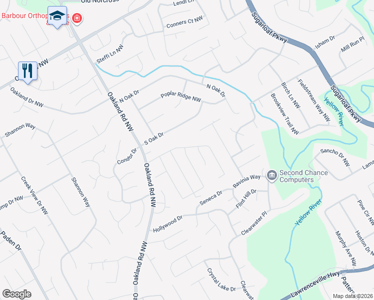 map of restaurants, bars, coffee shops, grocery stores, and more near 200 Pebble Chase Lane in Lawrenceville
