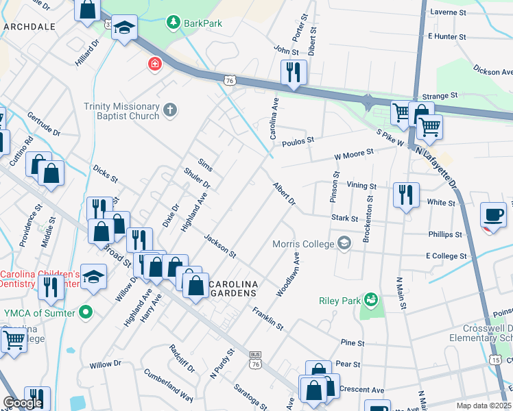 map of restaurants, bars, coffee shops, grocery stores, and more near 137 North Milton Road in Sumter