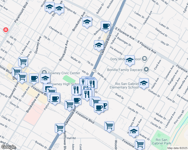 map of restaurants, bars, coffee shops, grocery stores, and more near 10648 Lakewood Boulevard in Downey
