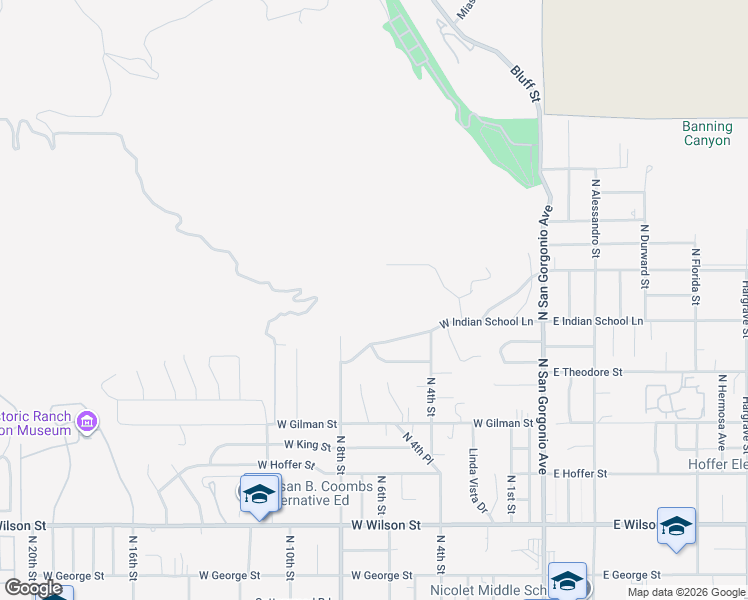 map of restaurants, bars, coffee shops, grocery stores, and more near 555 West Indian School Lane in Banning