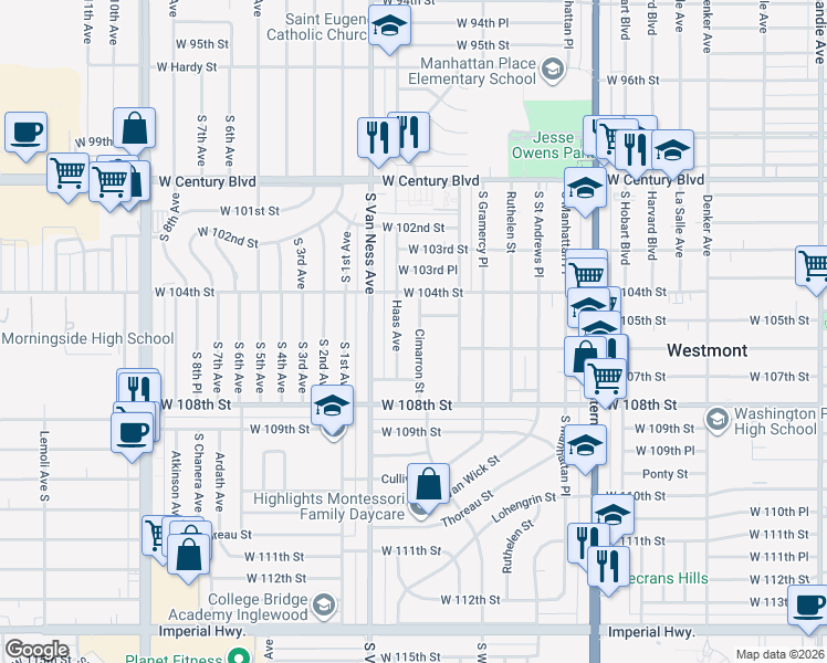 map of restaurants, bars, coffee shops, grocery stores, and more near 10517 Cimarron Street in Los Angeles