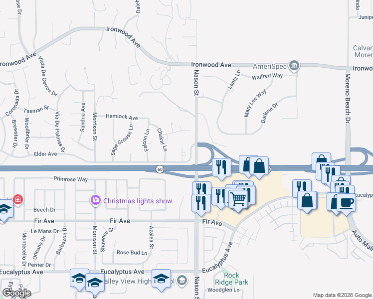 map of restaurants, bars, coffee shops, grocery stores, and more near 12450 Wolverine Circle in Moreno Valley