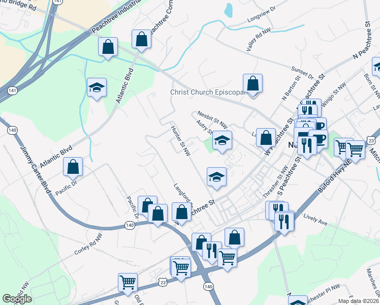 map of restaurants, bars, coffee shops, grocery stores, and more near 6065 Hunter Hall Court in Norcross