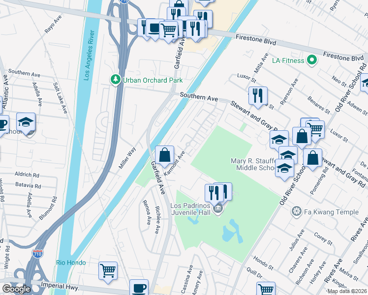 map of restaurants, bars, coffee shops, grocery stores, and more near 9873 Karmont Avenue in South Gate