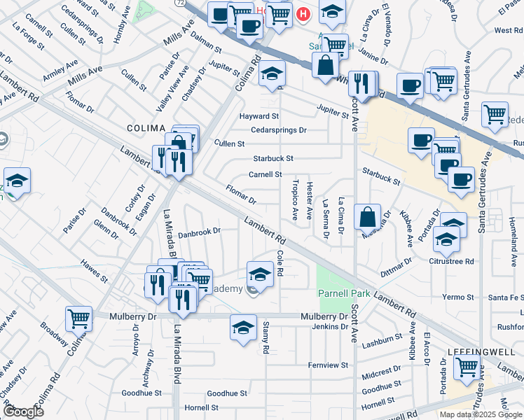 map of restaurants, bars, coffee shops, grocery stores, and more near 10309 Stamy Road in Whittier