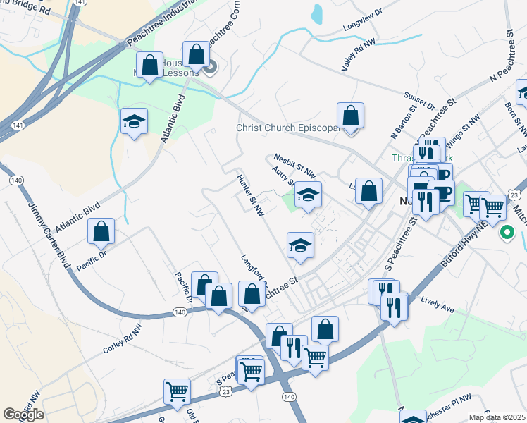 map of restaurants, bars, coffee shops, grocery stores, and more near 6065 Hunter Hall Court in Norcross