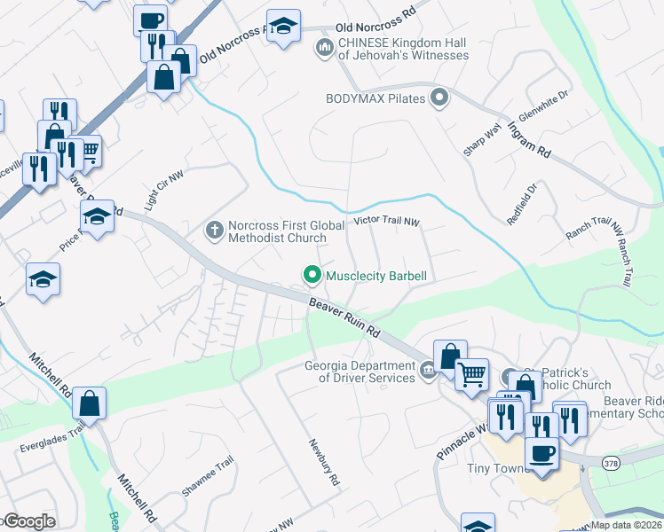 map of restaurants, bars, coffee shops, grocery stores, and more near 2340 Beaver Ruin Road in Norcross