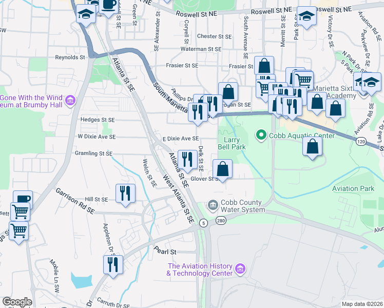 map of restaurants, bars, coffee shops, grocery stores, and more near 490 Delk Street Southeast in Marietta