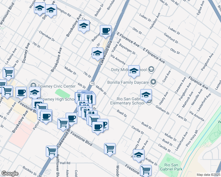 map of restaurants, bars, coffee shops, grocery stores, and more near 10534 Clancey Avenue in Downey