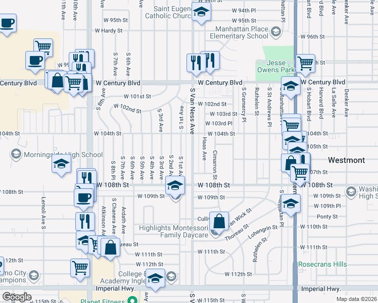 map of restaurants, bars, coffee shops, grocery stores, and more near 10513 South Van Ness Avenue in Inglewood