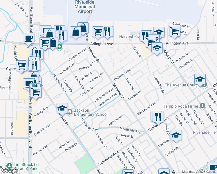 map of restaurants, bars, coffee shops, grocery stores, and more near 8738 Colorado Avenue in Riverside