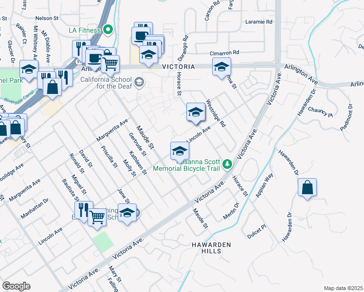 map of restaurants, bars, coffee shops, grocery stores, and more near 6401 Lincoln Avenue in Riverside