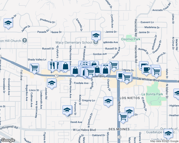 map of restaurants, bars, coffee shops, grocery stores, and more near 1363 Koopmans Way in La Habra