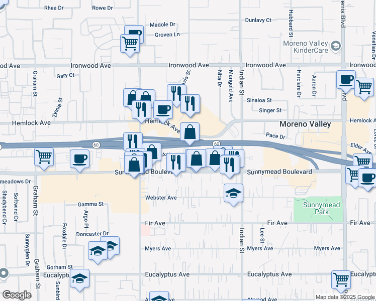 map of restaurants, bars, coffee shops, grocery stores, and more near 24222 Postal Avenue in Moreno Valley