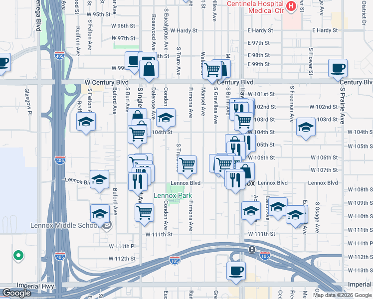 map of restaurants, bars, coffee shops, grocery stores, and more near 10515 Firmona Avenue in Inglewood