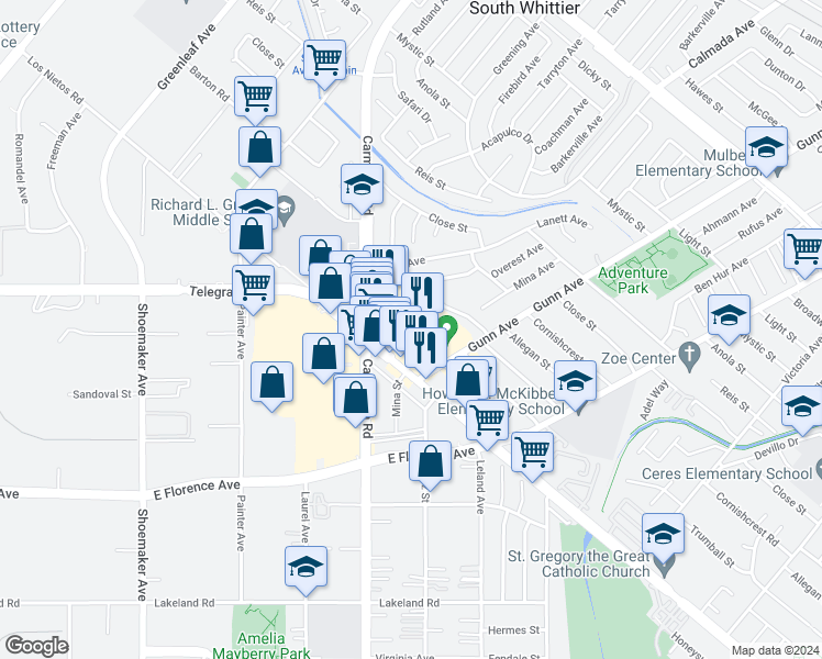 map of restaurants, bars, coffee shops, grocery stores, and more near 13473 Telegraph Road in Whittier