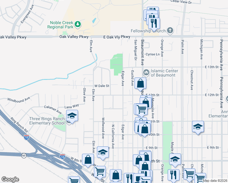 map of restaurants, bars, coffee shops, grocery stores, and more near 122 East 12th Street in Beaumont