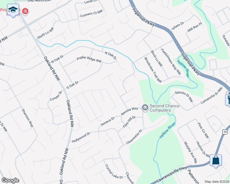map of restaurants, bars, coffee shops, grocery stores, and more near 495 Ringtail Drive in Lawrenceville