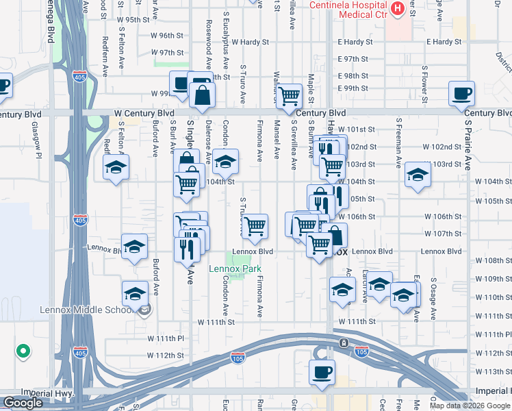 map of restaurants, bars, coffee shops, grocery stores, and more near 10517 Firmona Avenue in Lennox