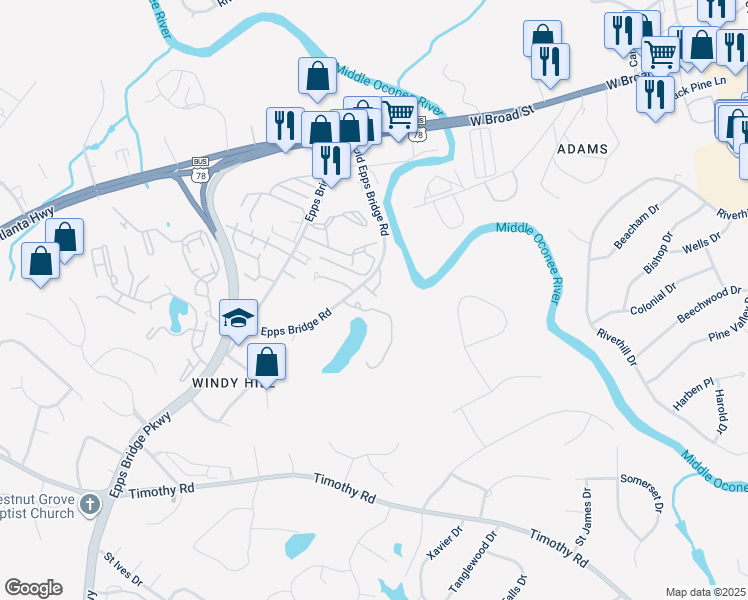 map of restaurants, bars, coffee shops, grocery stores, and more near 385 Old Epps Bridge Road in Athens