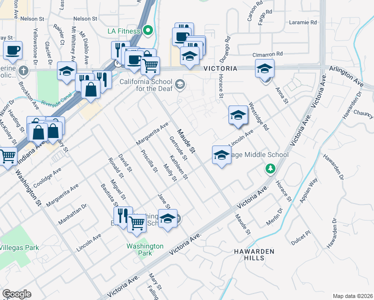 map of restaurants, bars, coffee shops, grocery stores, and more near 2981 Gertrude Street in Riverside