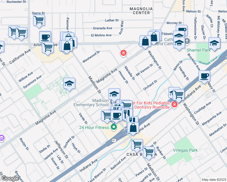 map of restaurants, bars, coffee shops, grocery stores, and more near 7410 Mount Vernon Street in Riverside