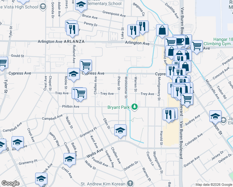 map of restaurants, bars, coffee shops, grocery stores, and more near 8353 Trey Avenue in Riverside