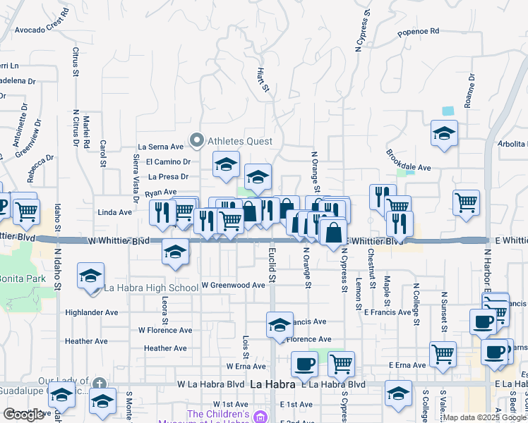 map of restaurants, bars, coffee shops, grocery stores, and more near 911 North Euclid Street in La Habra