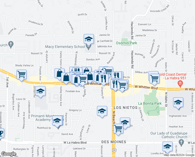 map of restaurants, bars, coffee shops, grocery stores, and more near 1362 Macy Street in La Habra