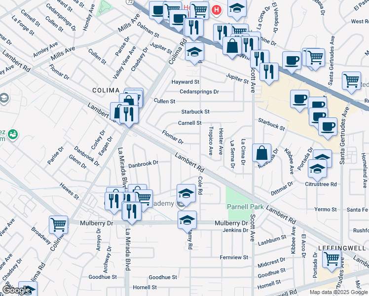 map of restaurants, bars, coffee shops, grocery stores, and more near 10309 Stamy Road in Whittier