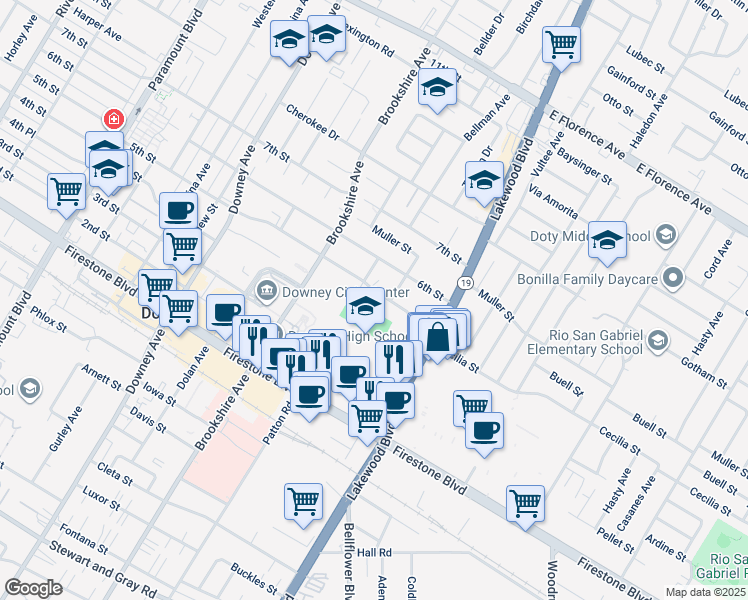 map of restaurants, bars, coffee shops, grocery stores, and more near 8610 5th Street in Downey