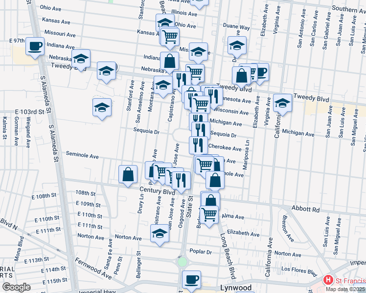 map of restaurants, bars, coffee shops, grocery stores, and more near 10346 San Jose Avenue in South Gate
