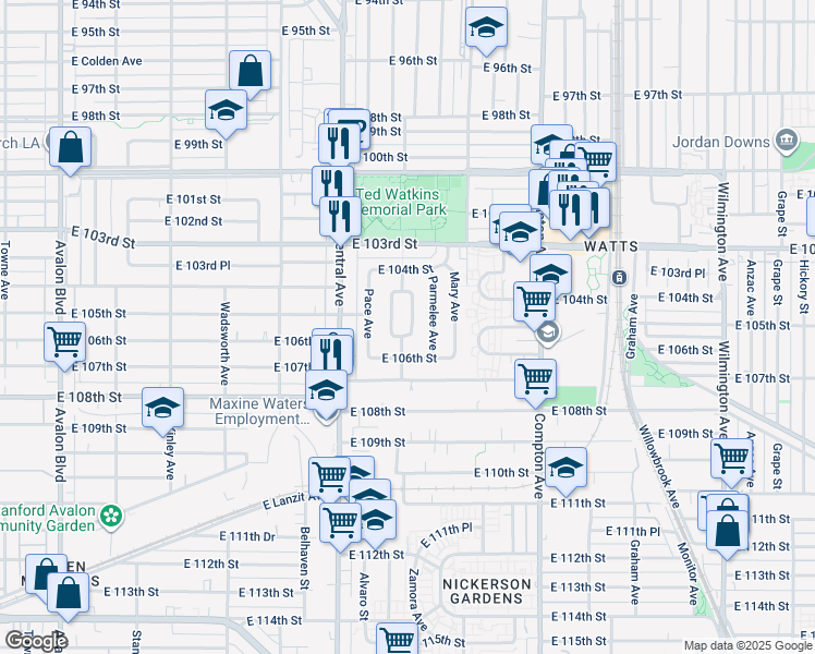 map of restaurants, bars, coffee shops, grocery stores, and more near 10516 East Zamora Avenue in Los Angeles