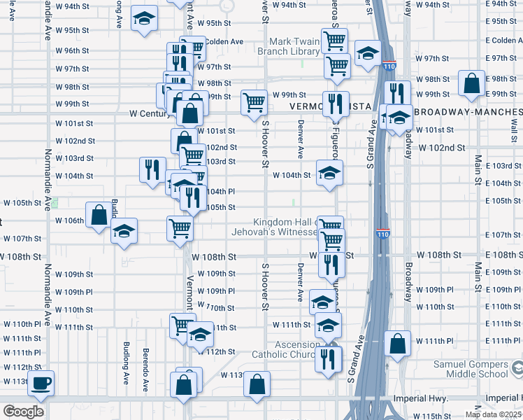 map of restaurants, bars, coffee shops, grocery stores, and more near 10507 South Hoover Street in Los Angeles