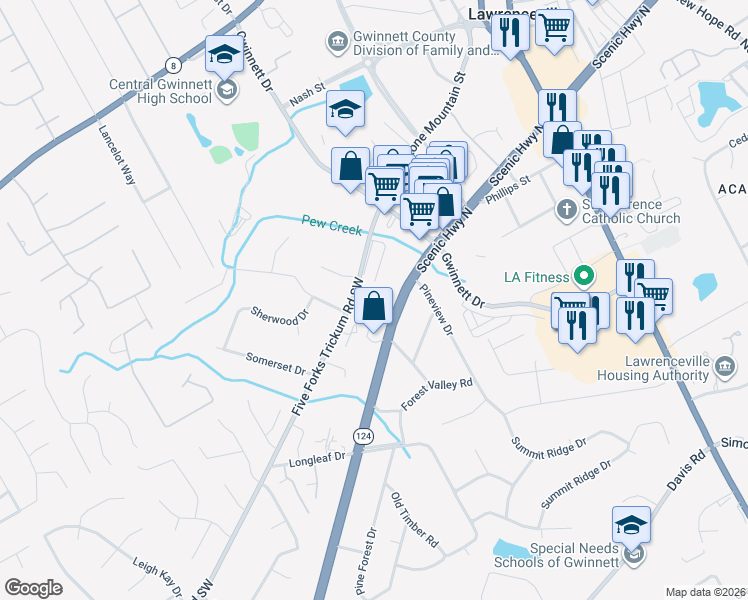 map of restaurants, bars, coffee shops, grocery stores, and more near 373 Stone Mountain Street in Lawrenceville