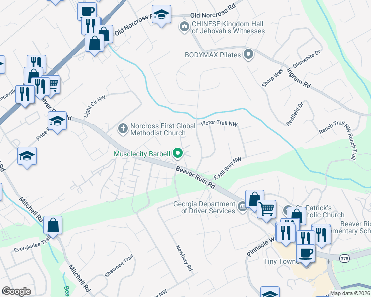map of restaurants, bars, coffee shops, grocery stores, and more near 2340 Beaver Ruin Road in Norcross