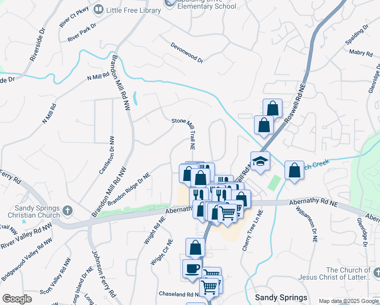 map of restaurants, bars, coffee shops, grocery stores, and more near 230 Stone Mill Trail Northeast in Atlanta