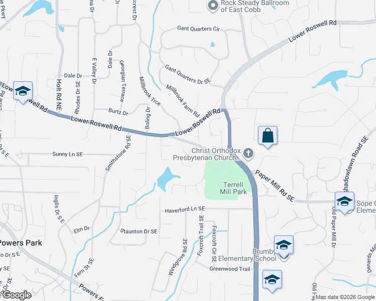 map of restaurants, bars, coffee shops, grocery stores, and more near 453 Manor Oak Lane Southeast in Marietta