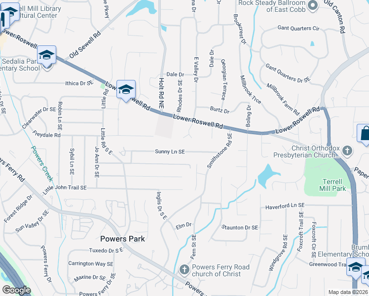 map of restaurants, bars, coffee shops, grocery stores, and more near 2637 Sunny Lane Southeast in Marietta