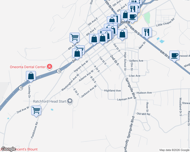 map of restaurants, bars, coffee shops, grocery stores, and more near 216 Jefferson Avenue East in Oneonta