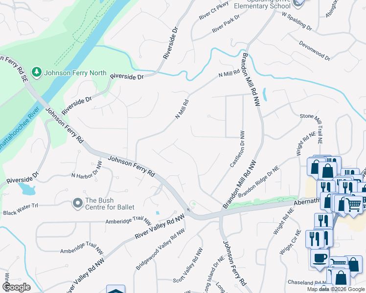 map of restaurants, bars, coffee shops, grocery stores, and more near 245 River Springs Drive in Sandy Springs