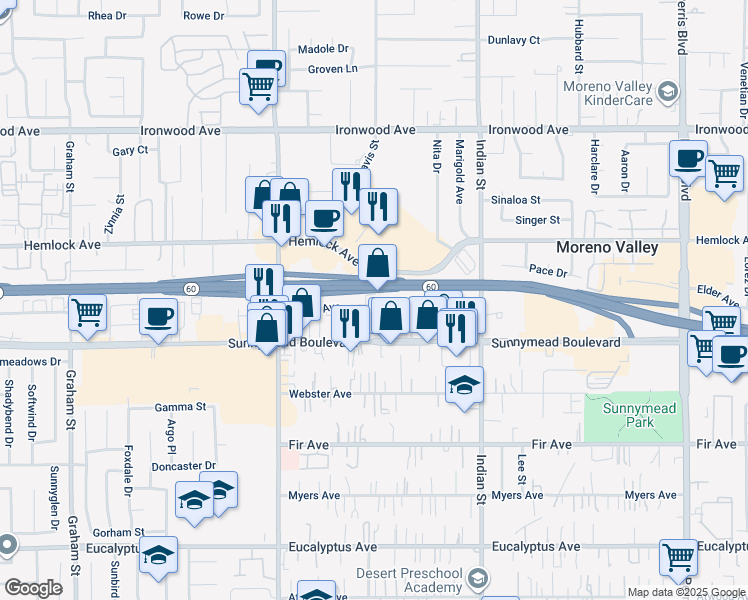 map of restaurants, bars, coffee shops, grocery stores, and more near 24222 Postal Avenue in Moreno Valley