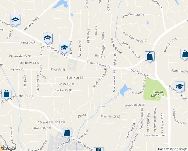 map of restaurants, bars, coffee shops, grocery stores, and more near 2711 Sunny Lane Southeast in Marietta