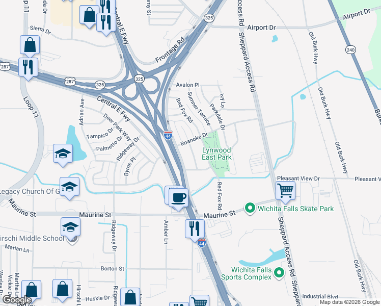 map of restaurants, bars, coffee shops, grocery stores, and more near 1510 Grayfox Place in Wichita Falls