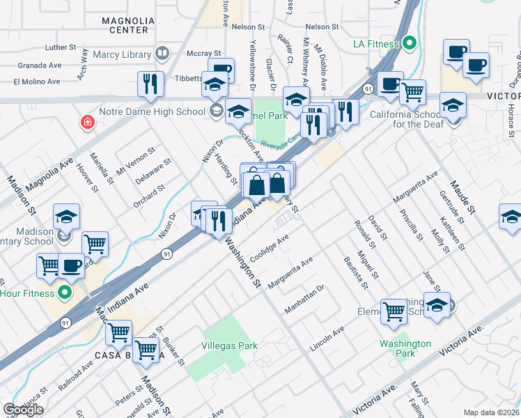 map of restaurants, bars, coffee shops, grocery stores, and more near 6980 Indiana Avenue in Riverside
