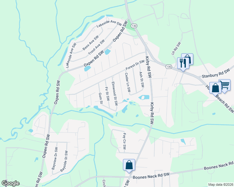 map of restaurants, bars, coffee shops, grocery stores, and more near 2032 Elmwood Street Southwest in Brunswick County