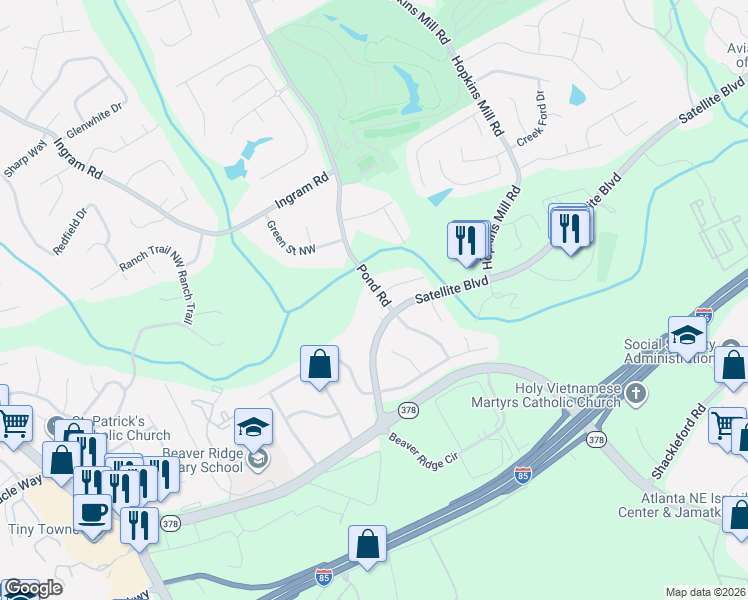 map of restaurants, bars, coffee shops, grocery stores, and more near 2073 Pond Road in Duluth
